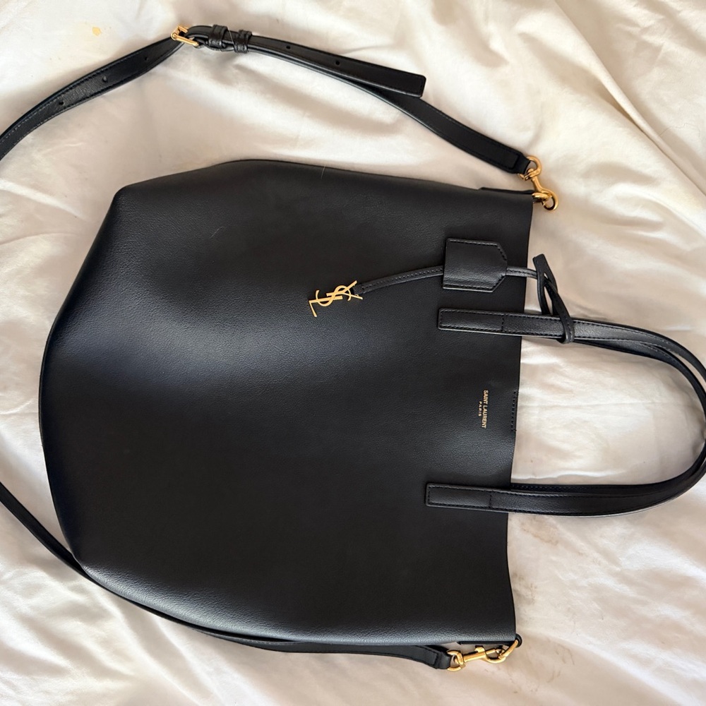 Saint Laurent Black Leather Tote with Gold Accents